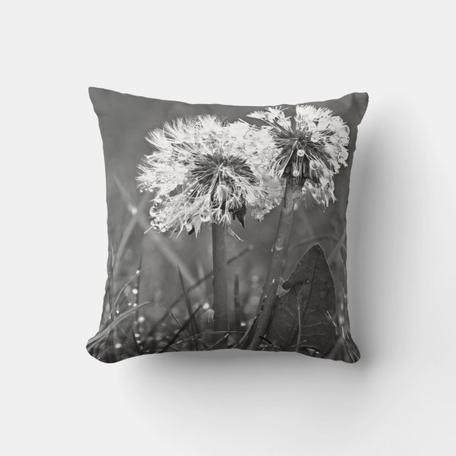 Coussin Dandelions noirs et blancs et rosée (Recto)