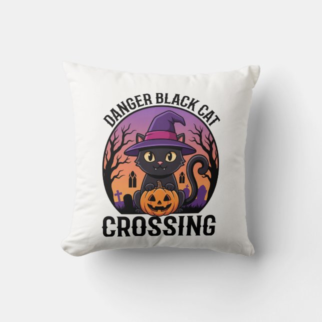 Coussin Danger Halloween Chat Noir Traversée (Recto)