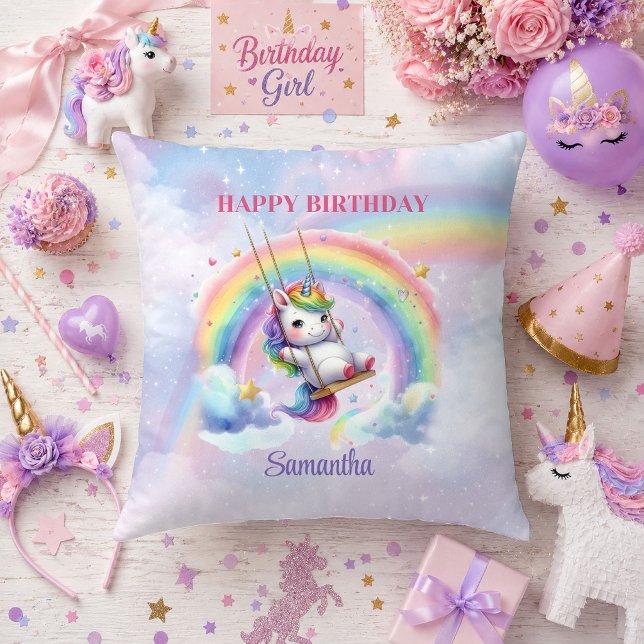Coussin d'anniversaire Licorne Rose Violet Fille (Baby Unicorn Pink Purple Girl Birthday Pillow)
