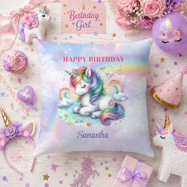Coussin d'anniversaire Licorne Rose Violet Fille C (Colorful Unicorn Pink Purple Girl Birthday Pillow

)