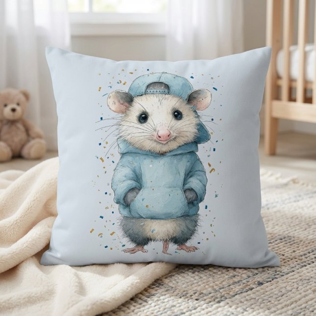 Coussin d'anniversaire Opossum • Décoration d'anim (Watercolor opossum baby pillow on soft nursery rug with crib background)