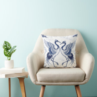 Coussin Danse de la grue Style Imari japonais bleu blanc