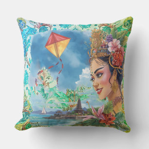 Coussin Danseuse de Bali charmante et motif tropical