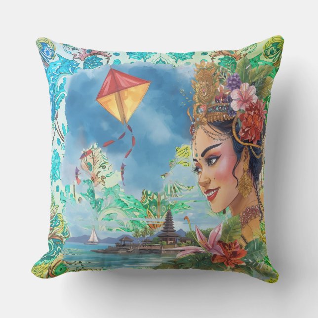 Coussin Danseuse de Bali charmante et motif tropical (Recto)