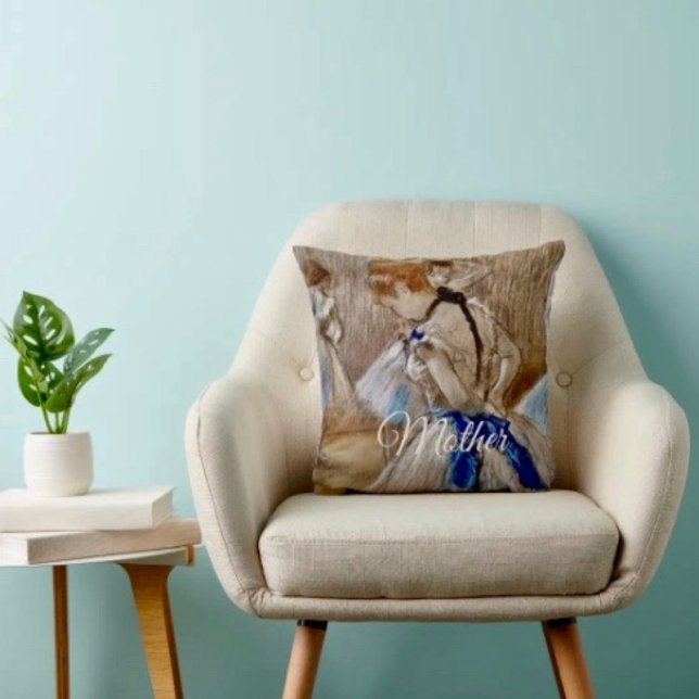 Coussin Danseuse de Degas avec ruban bleu (Throw Pillow 100% polyester heavyweight stretch material. Hidden zipper Made in the USA.
)