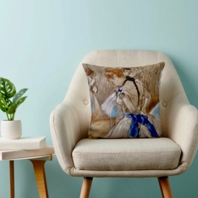 Coussin Danseuse de Degas avec ruban bleu (Degas Dancer With Blue Ribbon Throw Pillow  High quality 100% polyester hidden zipper enclosure.)