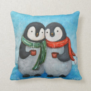 Coussin d'art de pingouin de carreau de couples de