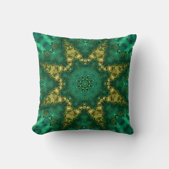 Coussin d'art géofractal vert émeraude + or (Recto)