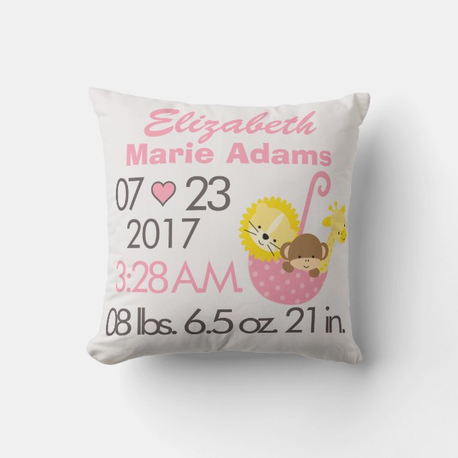 Coussin Date-heure animale rose de naissance de point de (Recto)