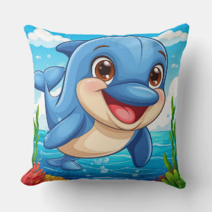 Coussin Dauphin Bleu Mignon Jouant Heureusement dans l'Eau