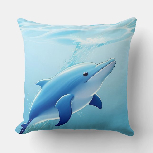 Coussin Dauphin Bleu Mignon Jouant Heureusement dans l'Eau (Recto)