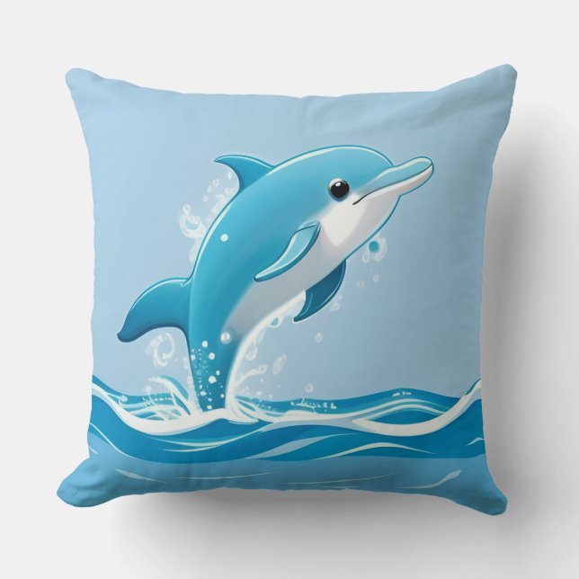 Coussin Dauphin Bleu Mignon Jouant Heureusement dans l'Eau (Recto)