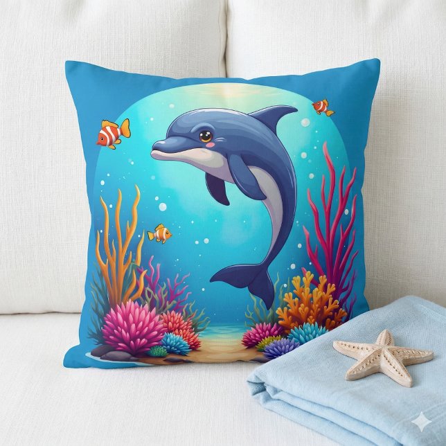 Coussin Dauphin Fantaisiste dans un Récif de Corail Vibran (Whimsical Dolphin in Vibrant Coral Reef Throw Pillow Mockup A)