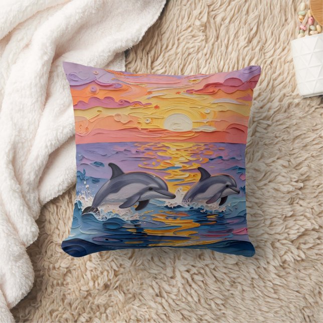 Coussin Dauphins et vagues océaniques en impasto   (Couverture)