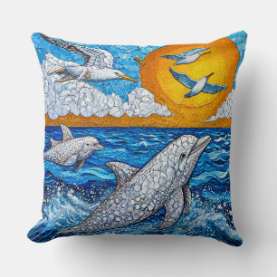 Coussin Dauphins Mouettes Scène Océanique 🌊🐬 Brise Côtiè