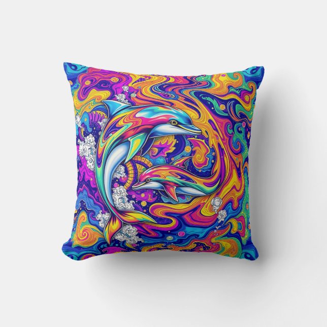 Coussin Dauphins psychédéliques dans les tourbillons océan (Recto)