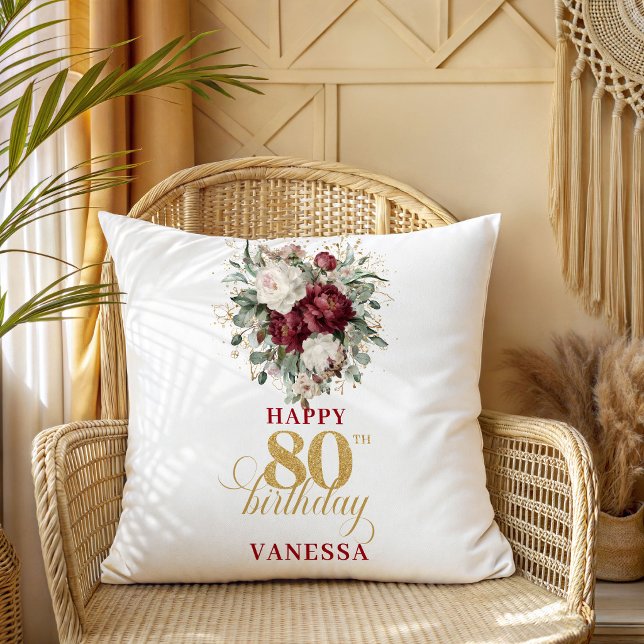 Coussin de 80e anniversaire bordeaux rouge profond (Deep Red Blush Burgundy 80th Birthday Pillow)