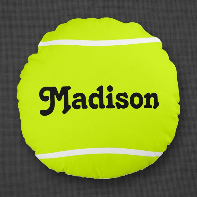 Coussin de balle de tennis rond personnalisé pour  (Custom round tennis pillow with personalized tennis player name or text.)