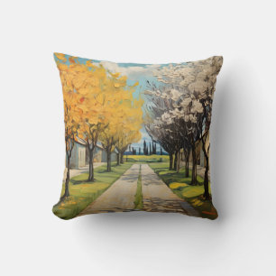 Coussin De Beaux Arbres Fleuris Dans Une Allée Avec Champ 