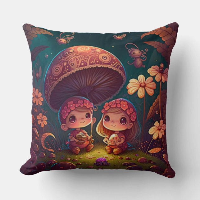 Coussin De beaux elfes mignons jouent sous les champignons (Recto)