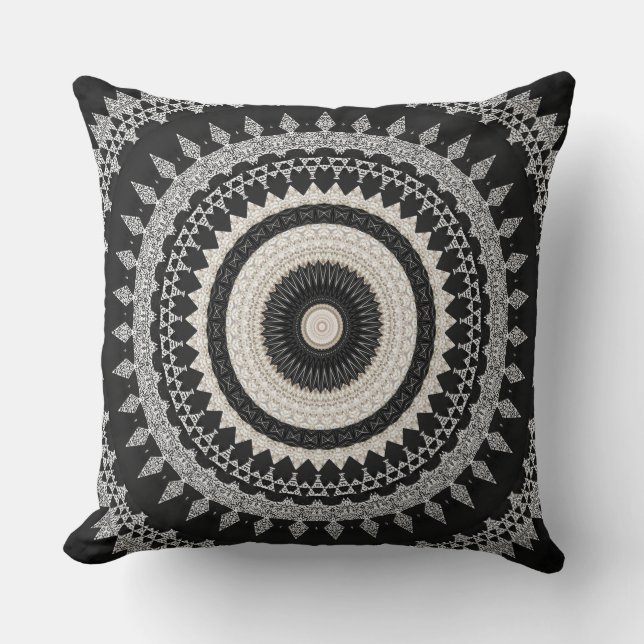 Coussin de Bohème de mandala de Taupe gris et noir (Recto)