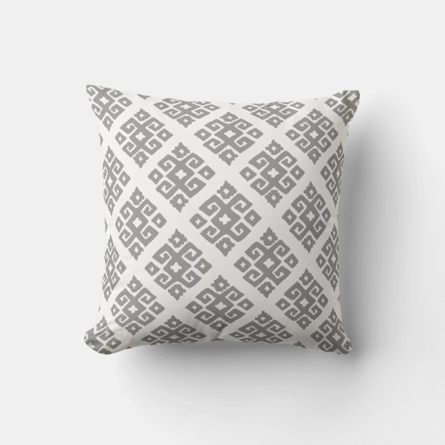 Coussin de bois blanc gris à motif tribal (Recto)