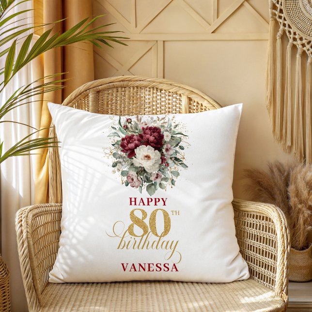 Coussin de cadeau d'anniversaire 80 ans Burgundy B (Greenery Blush Burgundy 80th Birthday Gift Pillow)
