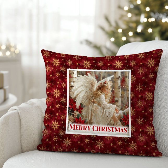 Coussin de cadeau victorien d'ange rouge et or joy (Merry Red and Gold Angel Victorian Gift Pillow)