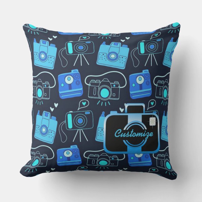 Coussin de caméras rétros de bug noir et bleu (Recto)