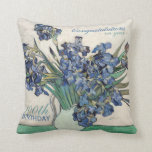 Coussin de célébration d'anniversaire de Van Gogh<br><div class="desc">Coussin personnalisable de célébration d'anniversaire avec des iris par Vincent van Gogh. Vous pouvez facilement changer la couleur des textes,  la police,  la taille et la position en cliquant sur le bouton de personnaliser. L'autre coussin personnalisable d'anniversaire :</div>