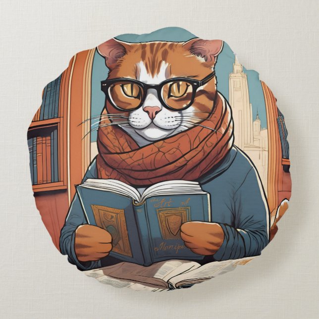 Coussin de chat. Cute Cat lit un livre. (Dos)