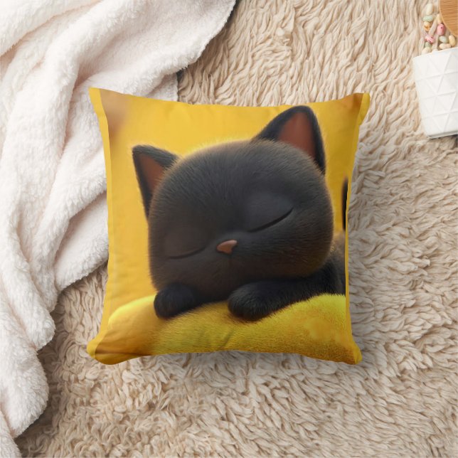 Coussin de chat noir endormi mignon Cadeau pour am (Couverture)