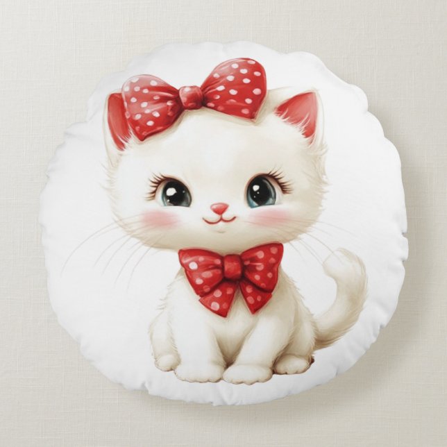 Coussin de chaton blanc mignon avec des nœuds à po (Devant)