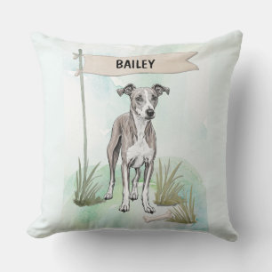 Coussin de chien personnalisé Whippet aquarelle