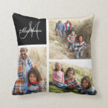 Coussin de collage photo noir de la famille person<br><div class="desc">Coussin Collage photo de monogramme de famille personnalisé | Noir. Elke Clarke © pour Monogram Gallery. Elégant modèle monogrammé vous pouvez customiser avec 3 (trois) de vos propres photos de famille arrangées dans un collage photo. Personnalisez avec le nom de famille écrit dans une police de script blanc et un...</div>