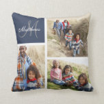 Coussin de collection photo couleur bleu<br><div class="desc">Preppy Custom Family Monogram Photo Collage Coussin | Bleu Marine. Elke Clarke © pour Monogram Gallery. Elégant modèle monogrammé vous pouvez customiser avec 3 (trois) de vos propres photos de famille arrangées dans un collage photo. Personnalisez avec le nom de famille écrit dans une police de script blanc et un...</div>