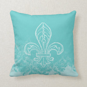 Coussin de damassé de French Fleur de Lis Aqua