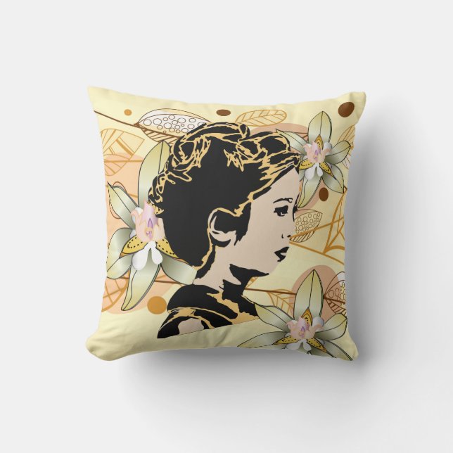 Coussin de Dame Asiatique et Feuilles d'Automne (Recto)