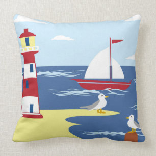 Coussin de décor de mouette de bateau de plage de