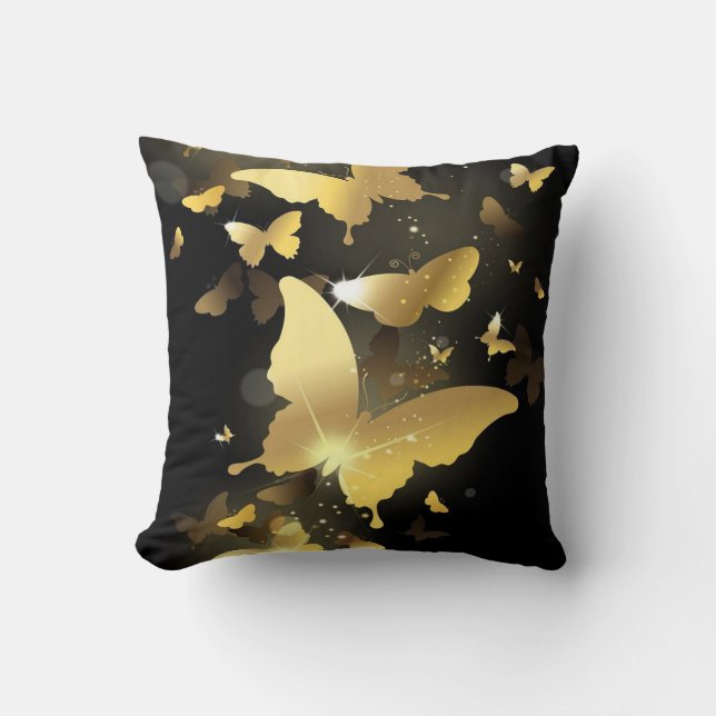 Coussin de décoration/Noir avec papillons dorés (Recto)