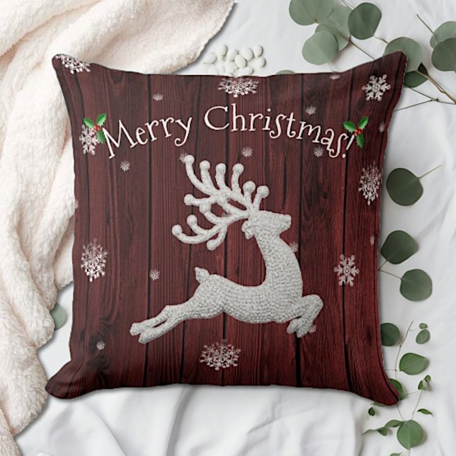 Coussin de décoration Renne de Noël Rustique Rouge (Red Rustic Christmas Reindeer Throw Pillow)