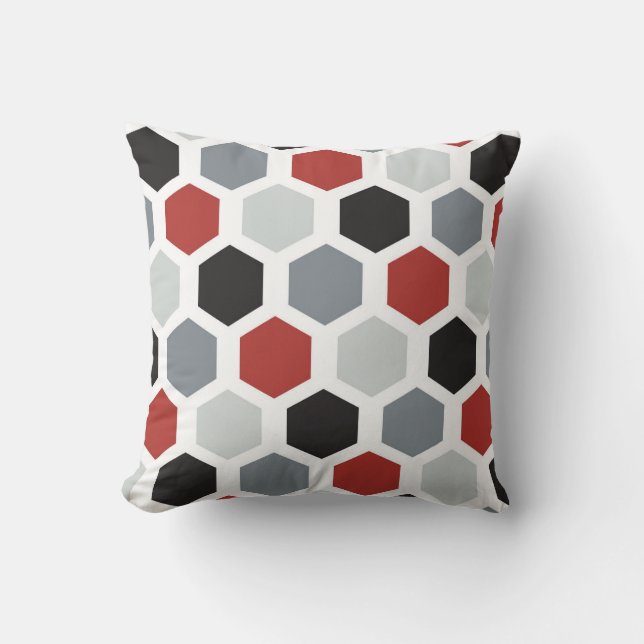 Coussin de design Hexagon gris, noir, rouge et bla (Recto)