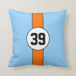 Coussin de emballage fait sur commande bleu et<br><div class="desc">Carreau de emballage audacieux de rayure dans la couleur célèbre de voiture de course combinée. Coussin fait sur commande de voiture dans le bleu de poudre iconique et livrée d'orange avec le contour noir. Personnalisez en ajoutant votre nombre ou initiales préféré.</div>