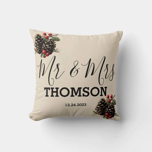 Coussin de Famille Baies et Cônes de Pin d'Hiver (Recto)