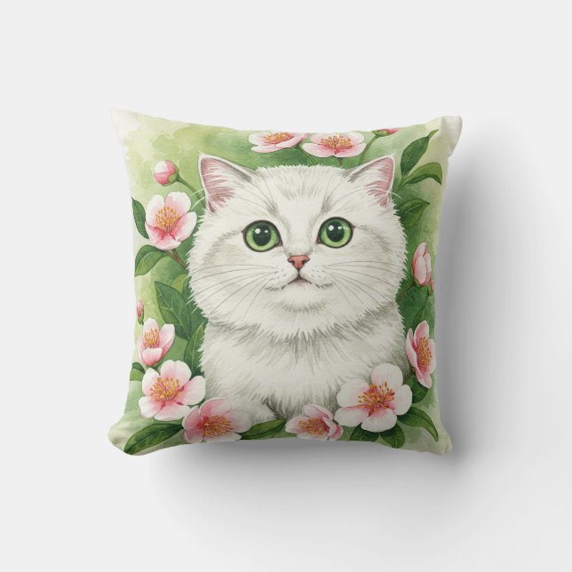 Coussin de fleurs de printemps de chats blancs (Recto)