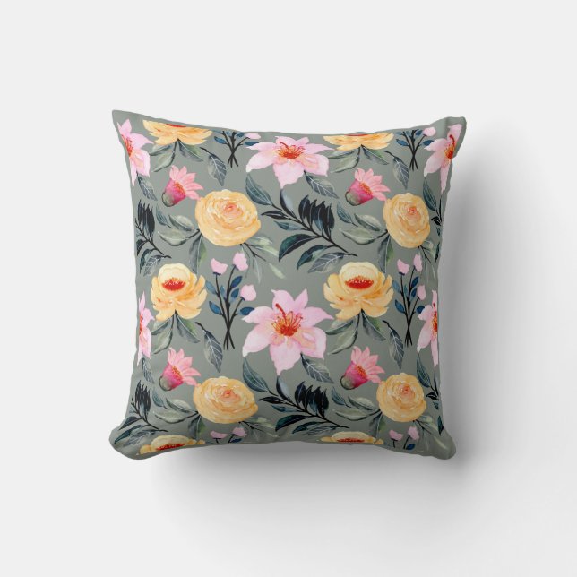 Coussin de fleurs gris jaune et rose (Recto)