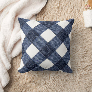 Coussin de jet à carreaux diagonaux en denim bleu 