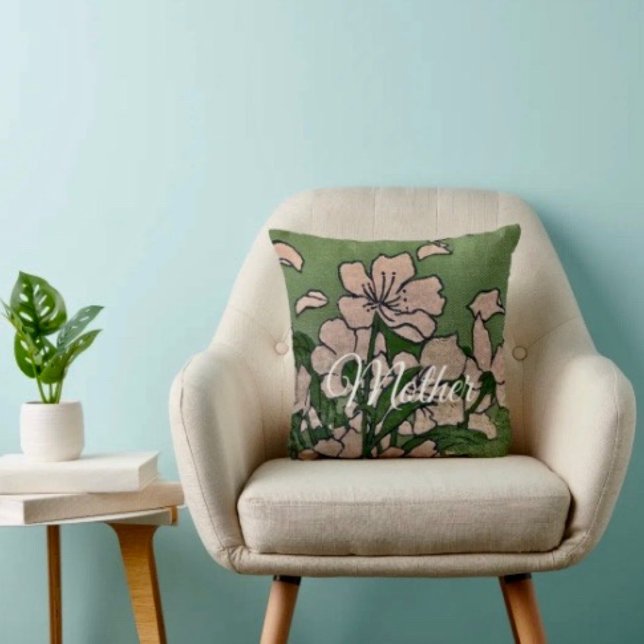 Coussin de jet à fleurs roses vertes (Throw Pillow 100% polyester heavyweight stretch material. Hidden zipper Made in the USA.

)