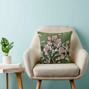 Coussin de jet à fleurs roses vertes
