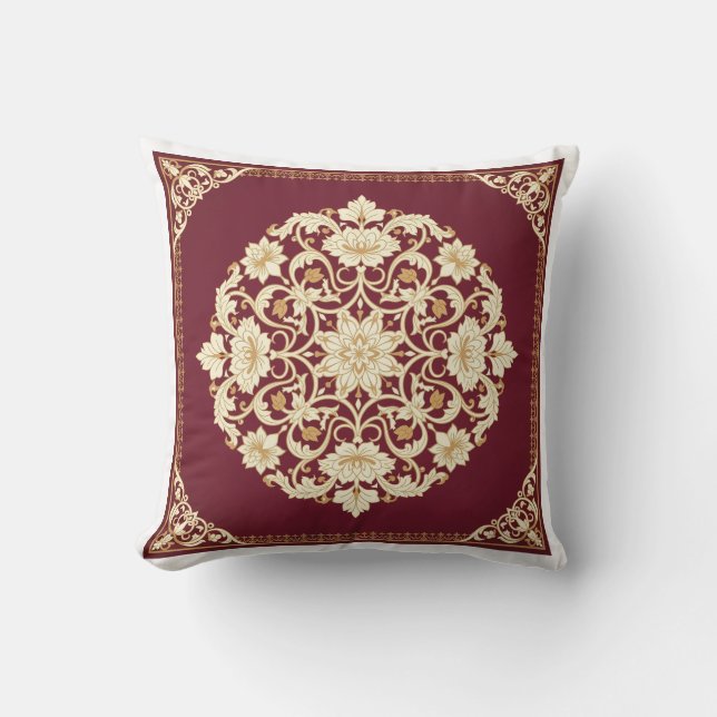 Coussin de jet à médaillon floral islamique rouge (Recto)